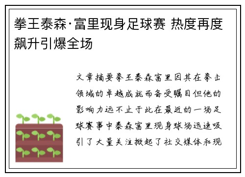 拳王泰森·富里现身足球赛 热度再度飙升引爆全场